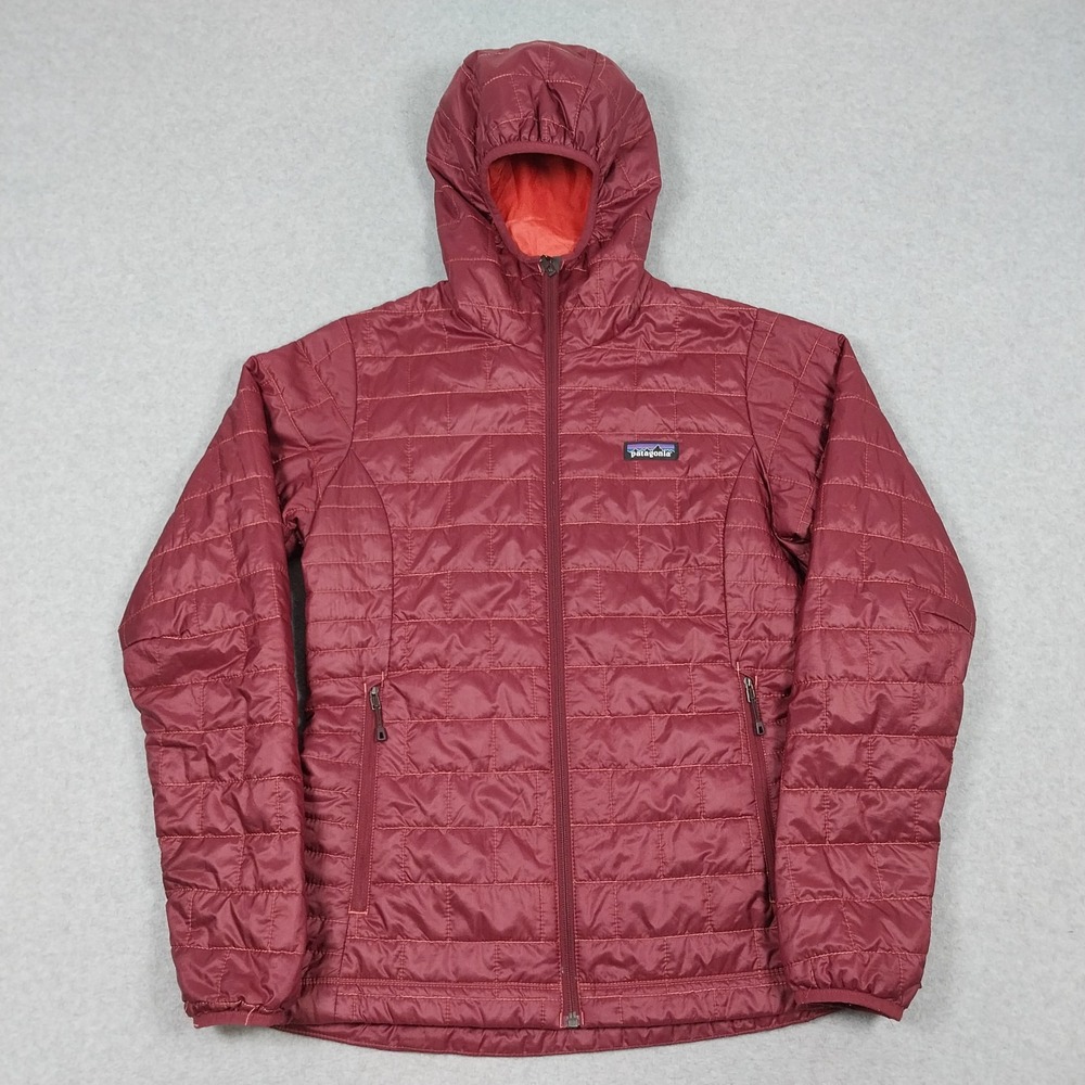 Patagonia Nano Puff Womens Medium Maroon Red Hoody Jacket Primaloft Packable
